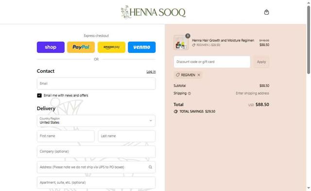 Henna Sooq checkout page showing Henna Sooq discount code box | Screenshot taken by SimplyCodes community member on Sep 6, 2025
