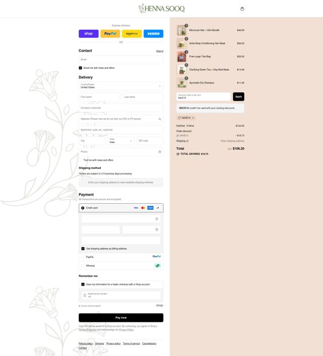 Henna Sooq checkout page showing Henna Sooq discount code box | Screenshot taken by SimplyCodes community member on Sep 9, 2025