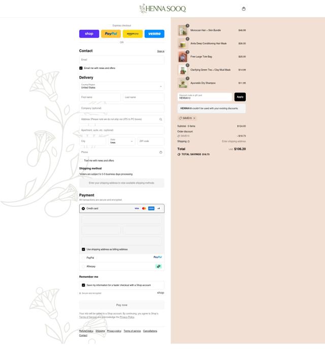 Henna Sooq checkout page showing Henna Sooq discount code box | Screenshot taken by SimplyCodes community member on Sep 9, 2025