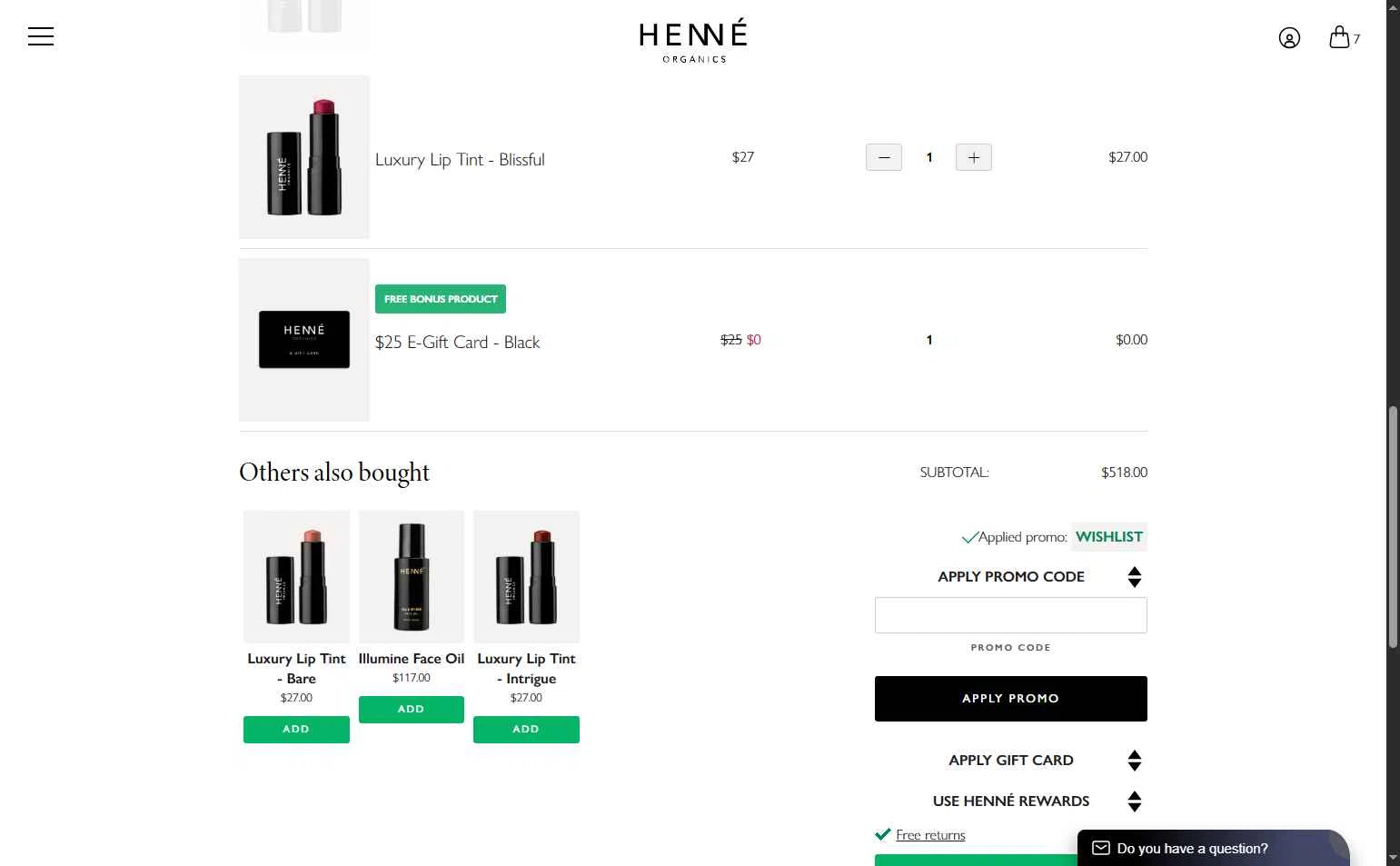 Henne Organics checkout page showing Henne Organics promo code box | Screenshot taken by SimplyCodes community member on Dec 28, 2025