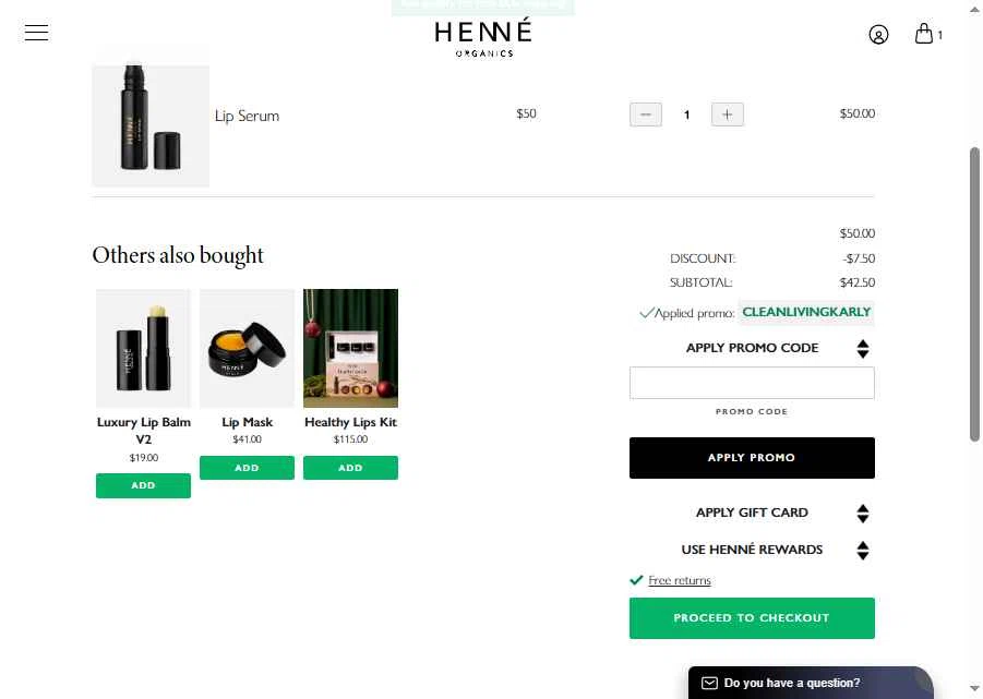 Henne Organics checkout page showing Henne Organics promo code box | Screenshot taken by SimplyCodes community member on Jan 15, 2026