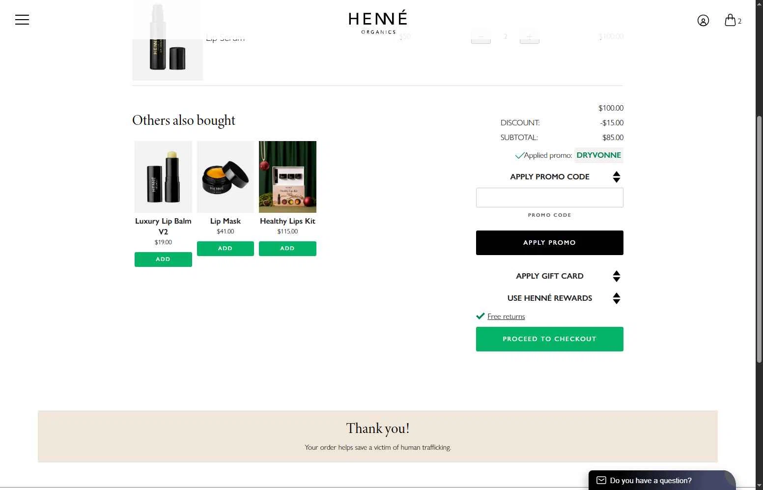 Henne Organics checkout page showing Henne Organics promo code box | Screenshot taken by SimplyCodes community member on Jan 16, 2026