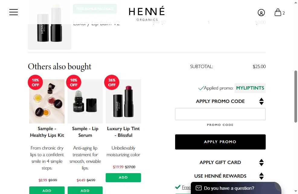 Henne Organics checkout page showing Henne Organics promo code box | Screenshot taken by SimplyCodes community member on Feb 8, 2026