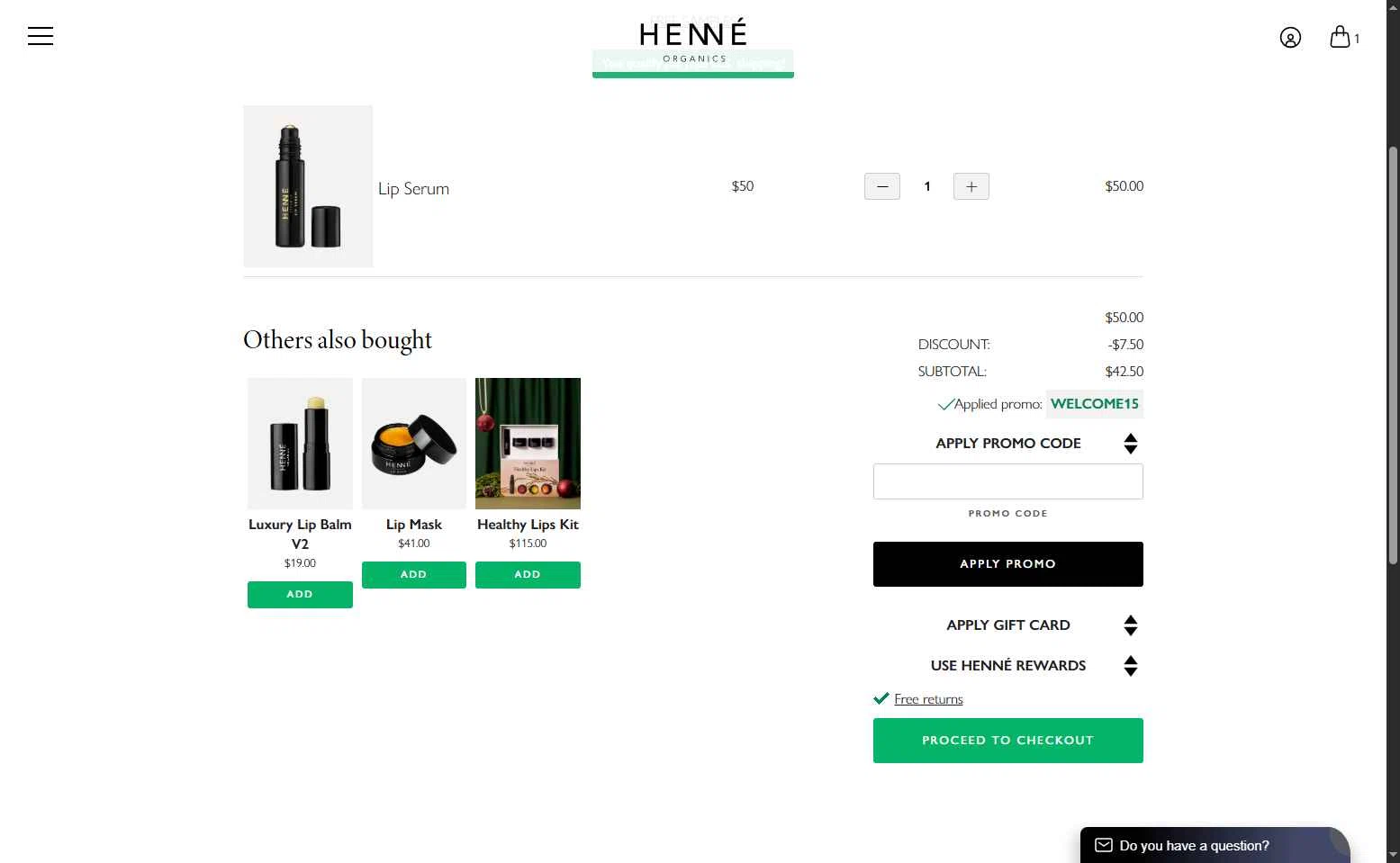Henne Organics checkout page showing Henne Organics promo code box | Screenshot taken by SimplyCodes community member on Jan 15, 2026