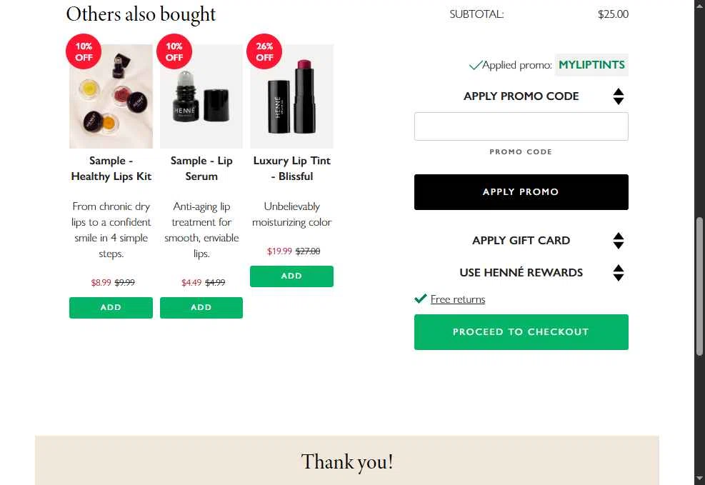 Henne Organics checkout page showing Henne Organics promo code box | Screenshot taken by SimplyCodes community member on Jan 10, 2026