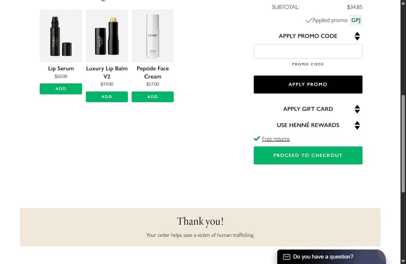 Henne Organics checkout page showing Henne Organics promo code box | Screenshot taken by SimplyCodes community member on Jan 15, 2026