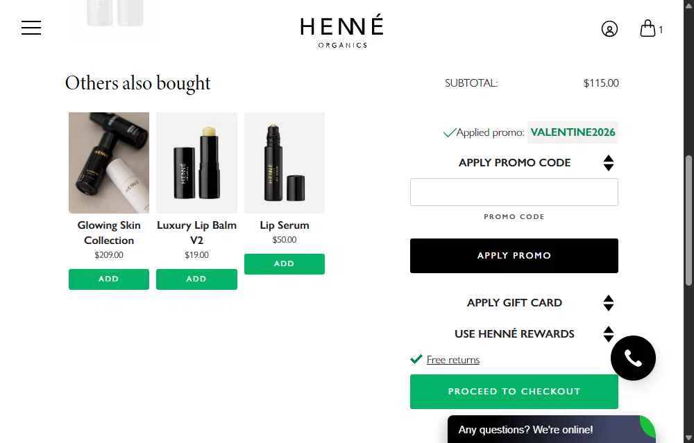 Henne Organics checkout page showing Henne Organics promo code box | Screenshot taken by SimplyCodes community member on Feb 13, 2026