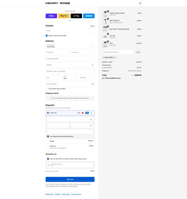 Henry Rose checkout page showing Henry Rose discount code box | Screenshot taken by SimplyCodes community member on Sep 11, 2025