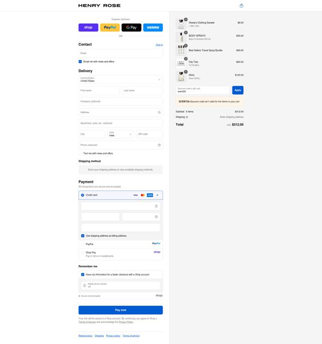 Henry Rose checkout page showing Henry Rose discount code box | Screenshot taken by SimplyCodes community member on Sep 11, 2025