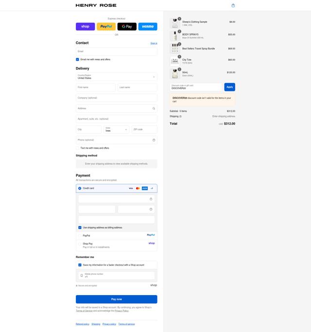 Henry Rose checkout page showing Henry Rose discount code box | Screenshot taken by SimplyCodes community member on Sep 11, 2025