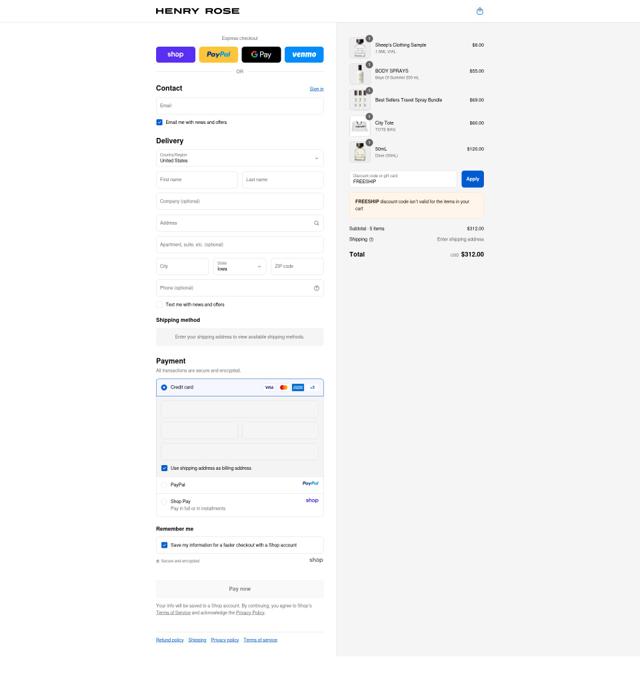 Henry Rose checkout page showing Henry Rose discount code box | Screenshot taken by SimplyCodes community member on Sep 11, 2025