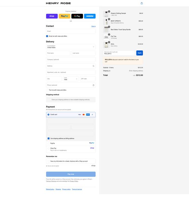 Henry Rose checkout page showing Henry Rose discount code box | Screenshot taken by SimplyCodes community member on Sep 11, 2025