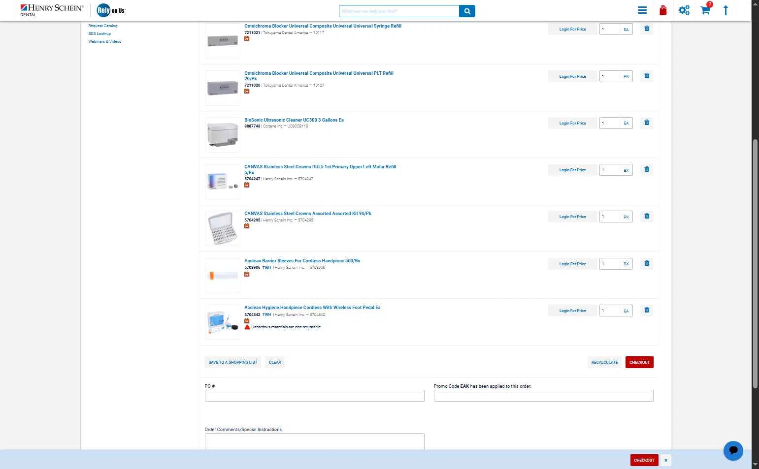 Henry Schein checkout page showing Henry Schein promo code box | Screenshot taken by SimplyCodes community member on Dec 10, 2025