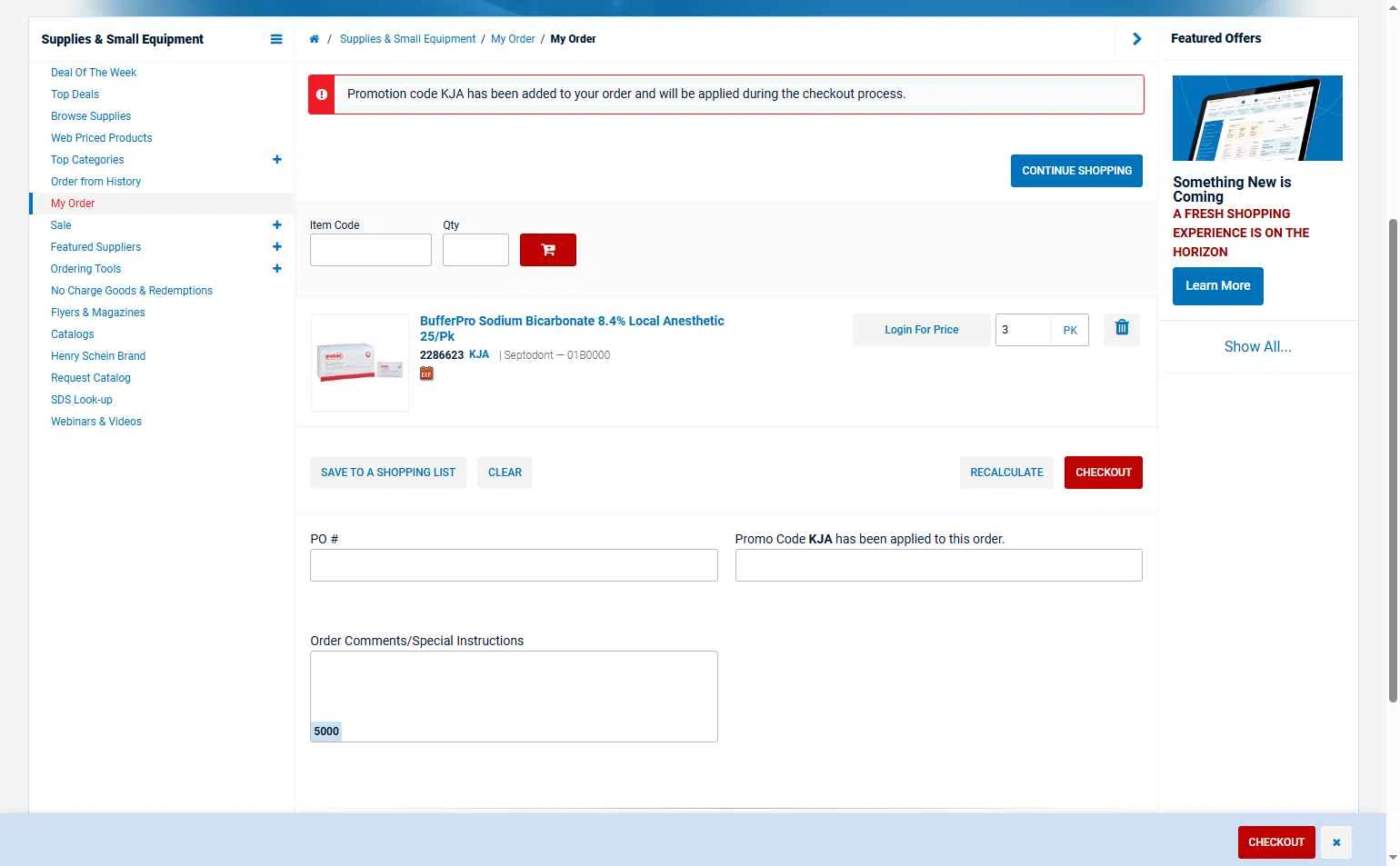 Henry Schein checkout page showing Henry Schein promo code box | Screenshot taken by SimplyCodes community member on Dec 9, 2025