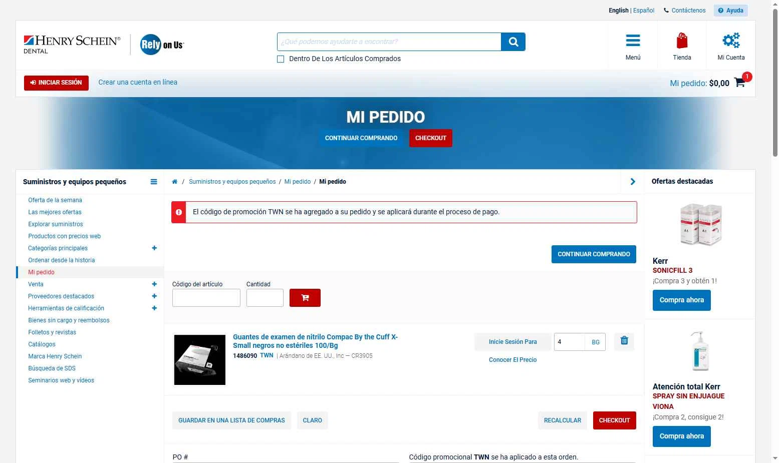 Henry Schein checkout page showing Henry Schein promo code box | Screenshot taken by SimplyCodes community member on Jan 22, 2026