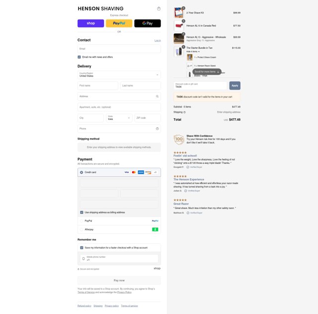 Henson Shaving checkout page showing Henson Shaving discount code box | Screenshot taken by SimplyCodes community member on Sep 3, 2025