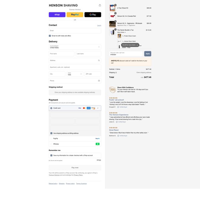 Henson Shaving checkout page showing Henson Shaving discount code box | Screenshot taken by SimplyCodes community member on Sep 3, 2025