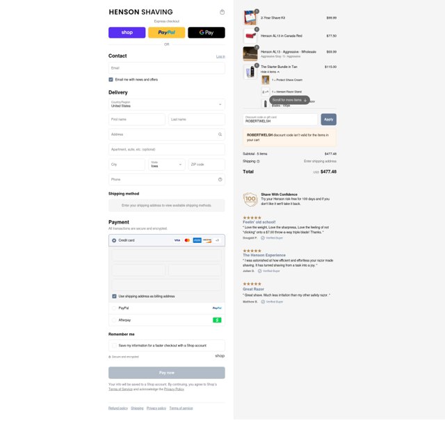 Henson Shaving checkout page showing Henson Shaving discount code box | Screenshot taken by SimplyCodes community member on Sep 3, 2025
