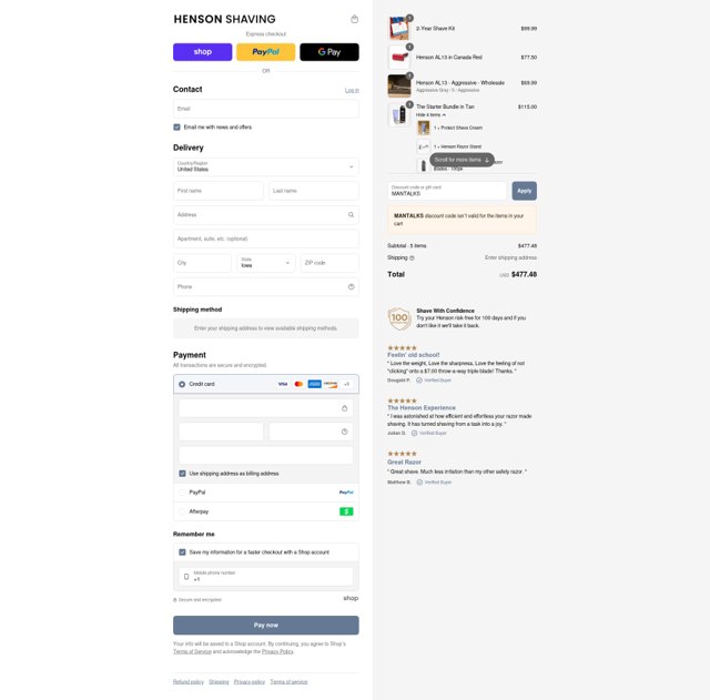 Henson Shaving checkout page showing Henson Shaving discount code box | Screenshot taken by SimplyCodes community member on Sep 3, 2025