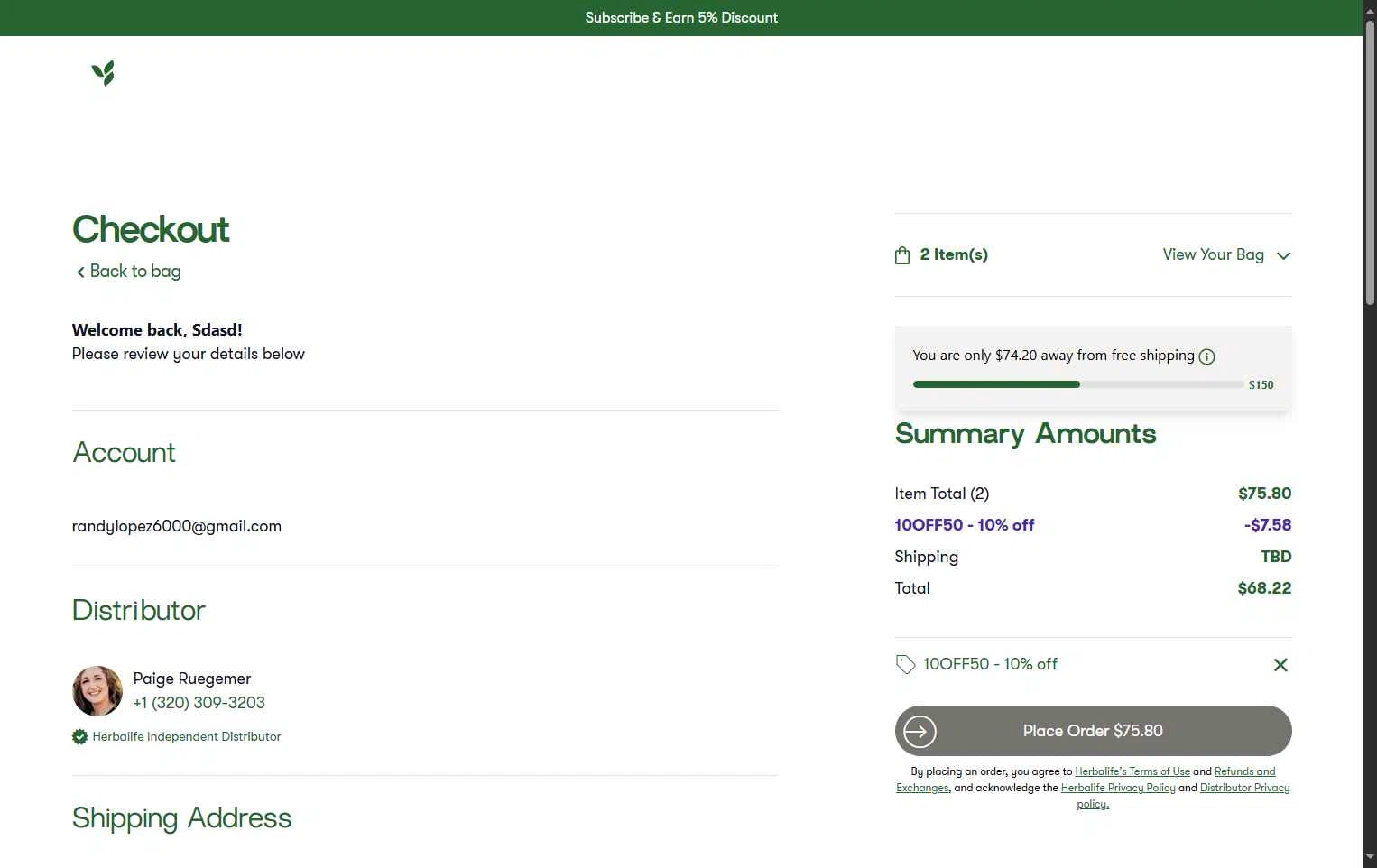Herbalife checkout page showing Herbalife discount code box | Screenshot taken by SimplyCodes community member on Sep 21, 2025