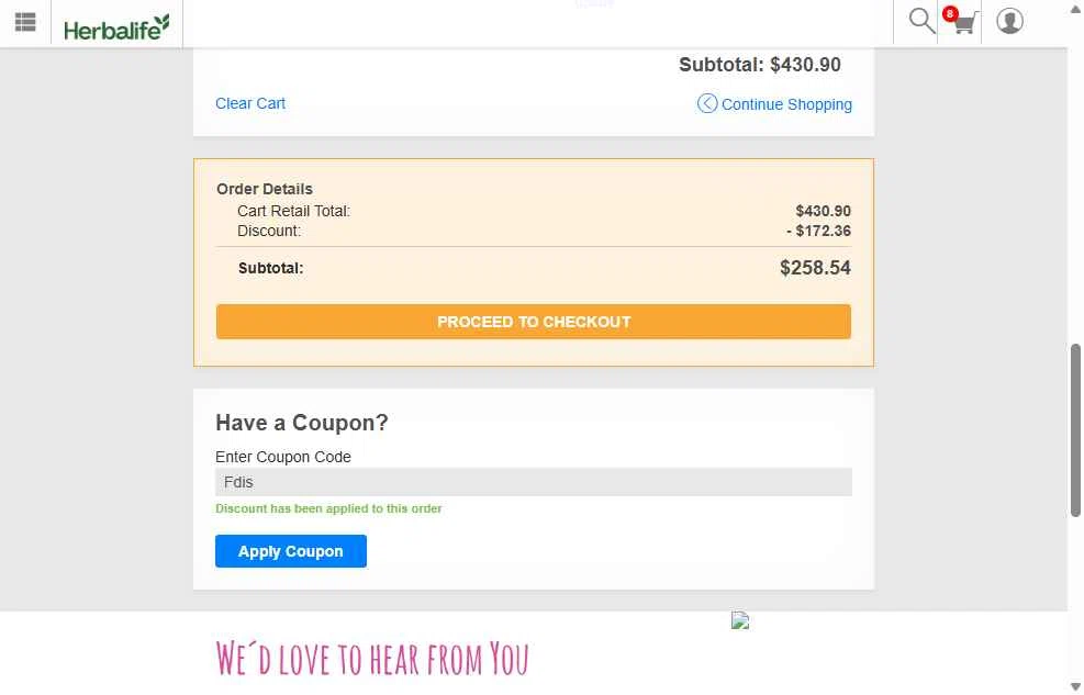 Herbalife checkout page showing Herbalife discount code box | Screenshot taken by SimplyCodes community member on Oct 22, 2025