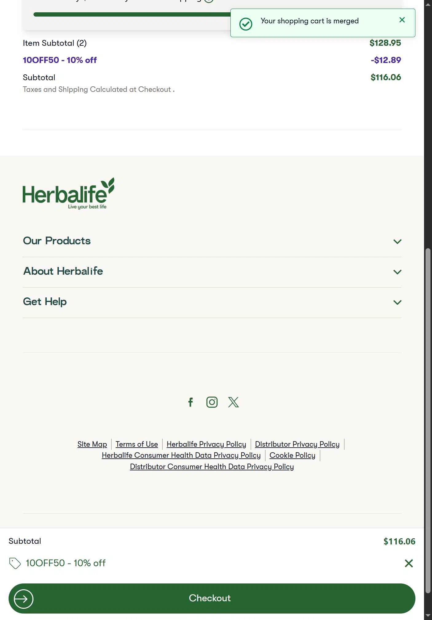 Herbalife checkout page showing Herbalife discount code box | Screenshot taken by SimplyCodes community member on Nov 3, 2025