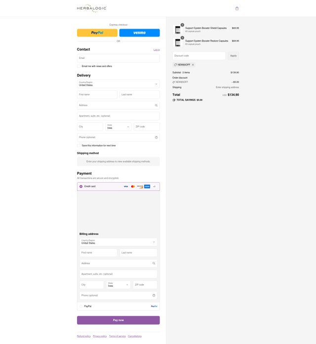 Herbalogic checkout page showing Herbalogic discount code box | Screenshot taken by SimplyCodes community member on Aug 30, 2025