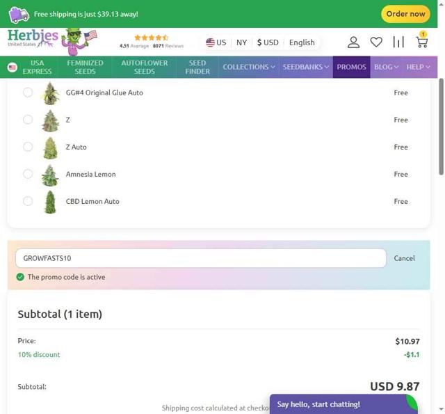 Herbies Seeds checkout page showing Herbies Seeds promo code box | Screenshot taken by SimplyCodes community member on Sep 10, 2025