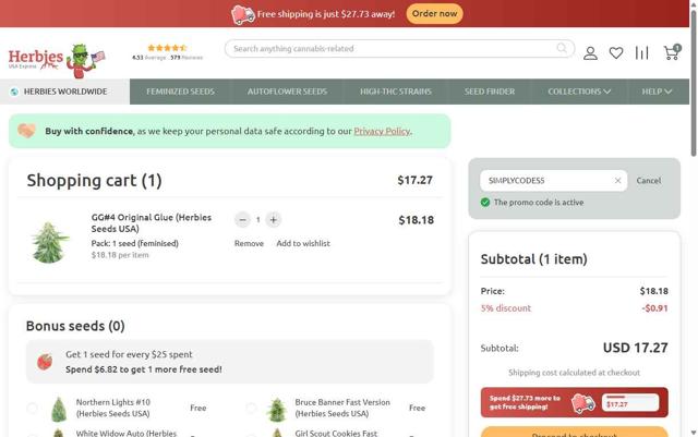 Herbies Seeds checkout page showing Herbies Seeds promo code box | Screenshot taken by SimplyCodes community member on Aug 29, 2025