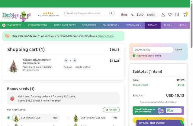 Herbies Seeds checkout page showing Herbies Seeds promo code box | Screenshot taken by SimplyCodes community member on Sep 5, 2025
