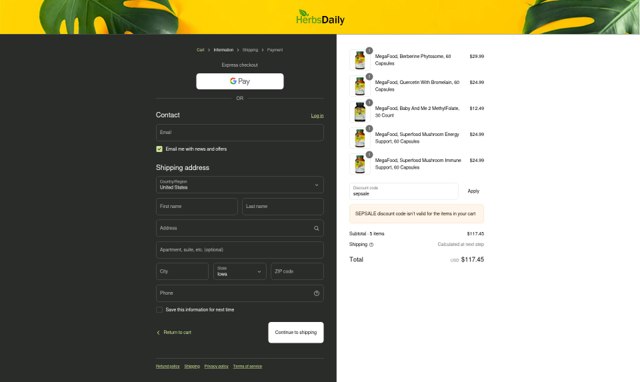 Herbs Daily checkout page showing Herbs Daily discount code box | Screenshot taken by SimplyCodes community member on Sep 3, 2025
