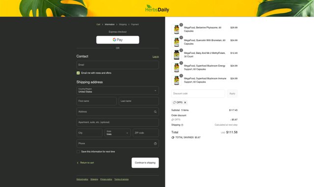 Herbs Daily checkout page showing Herbs Daily discount code box | Screenshot taken by SimplyCodes community member on Sep 3, 2025