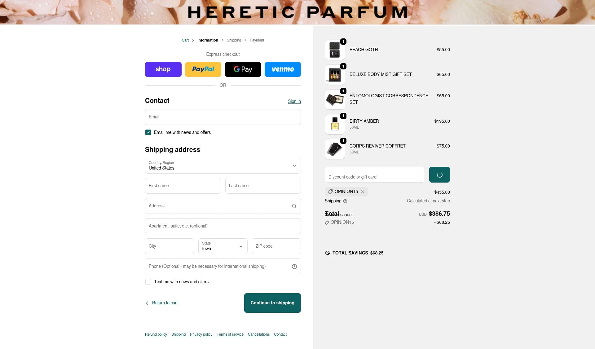 Heretic Parfum checkout page showing Heretic Parfum discount code box | Screenshot taken by SimplyCodes community member on Jan 7, 2026