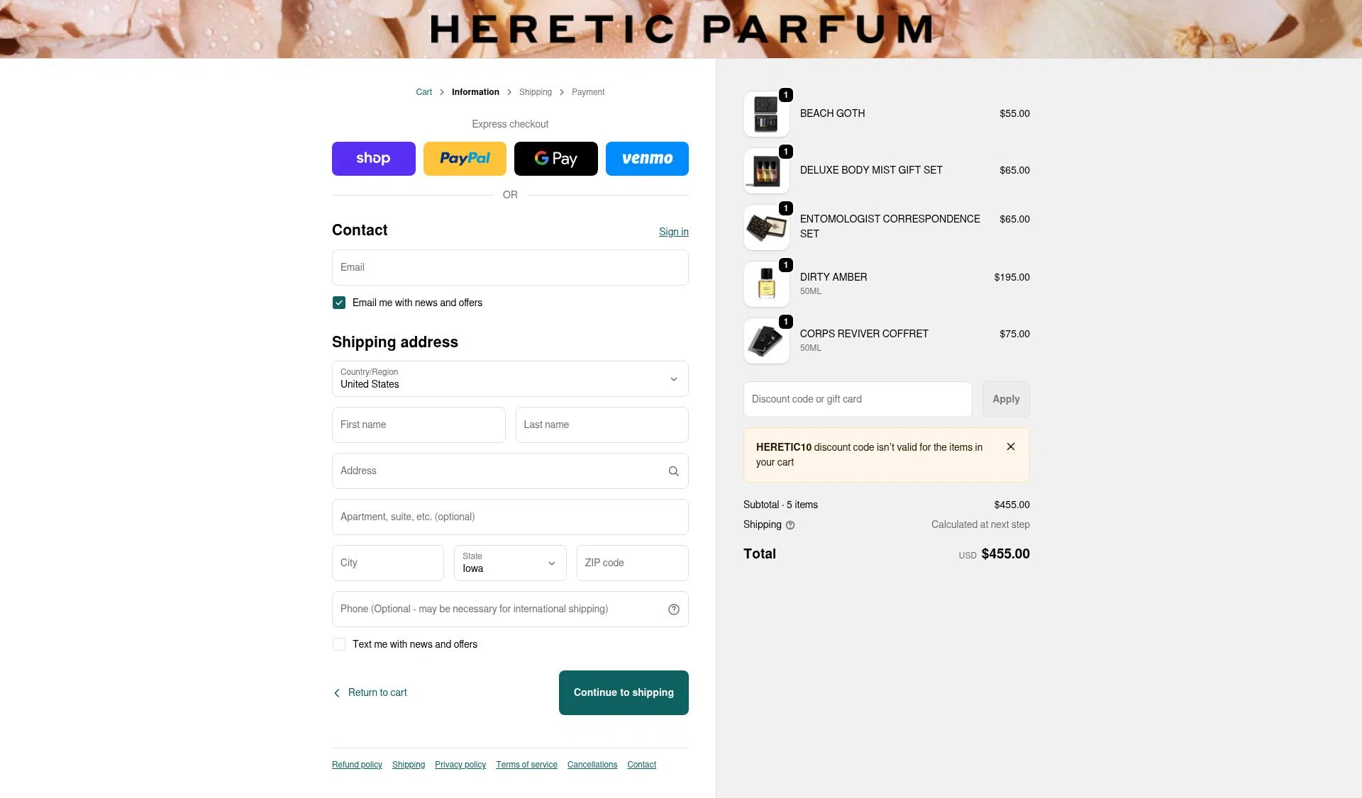 Heretic Parfum checkout page showing Heretic Parfum discount code box | Screenshot taken by SimplyCodes community member on Jan 7, 2026