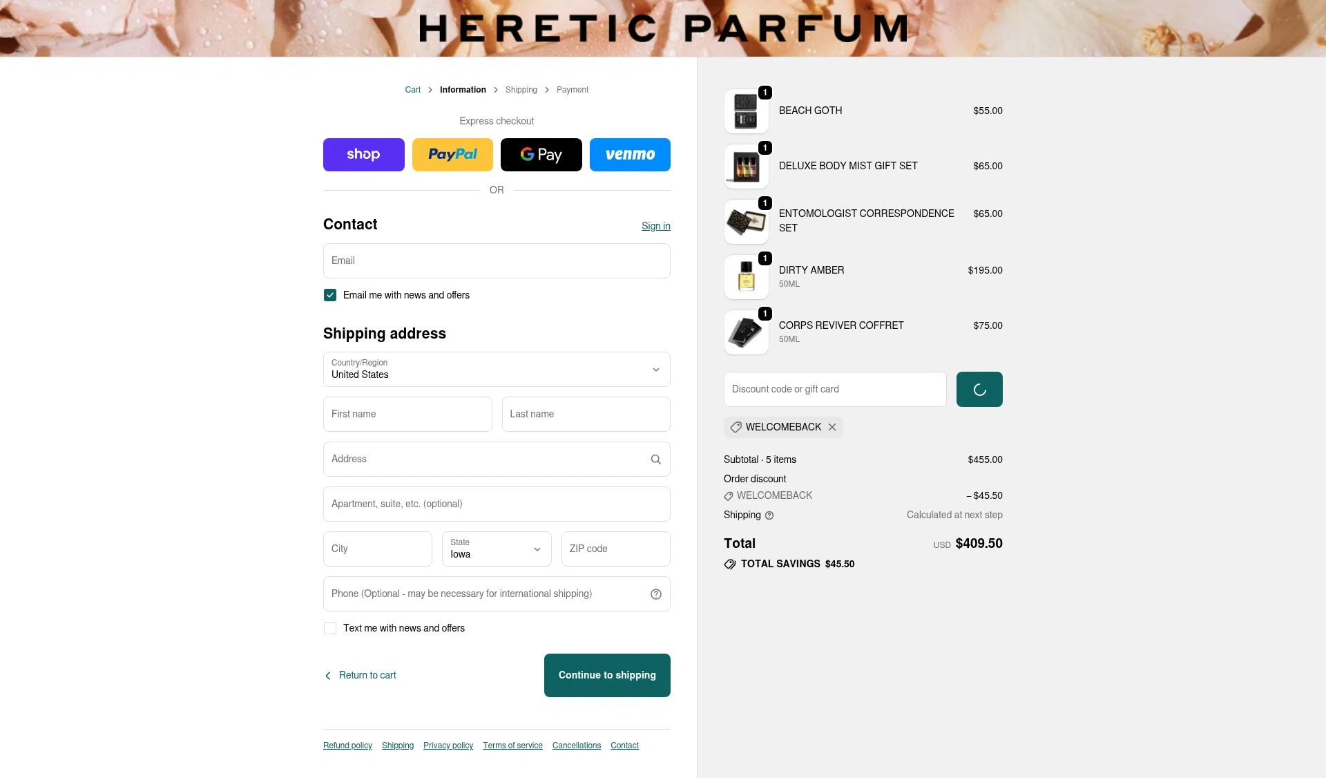 Heretic Parfum checkout page showing Heretic Parfum discount code box | Screenshot taken by SimplyCodes community member on Jan 7, 2026