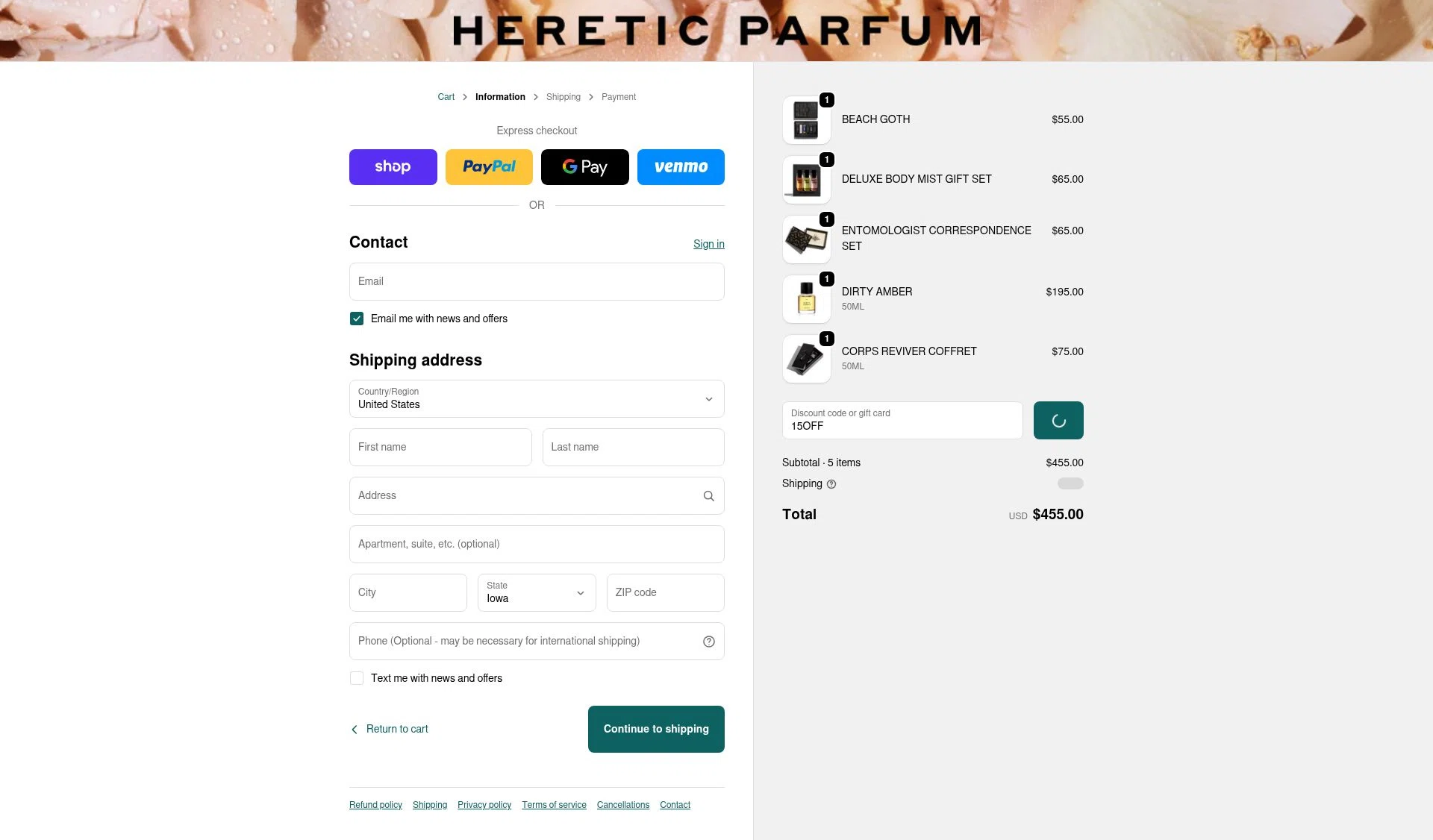 Heretic Parfum checkout page showing Heretic Parfum discount code box | Screenshot taken by SimplyCodes community member on Jan 7, 2026