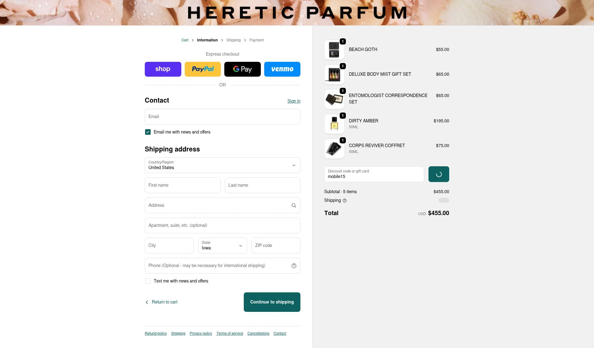 Heretic Parfum checkout page showing Heretic Parfum discount code box | Screenshot taken by SimplyCodes community member on Jan 7, 2026