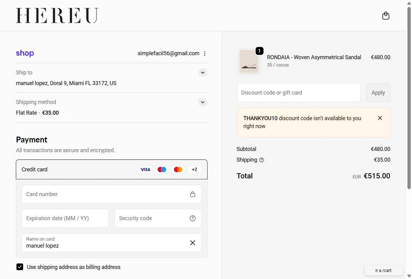 Hereu checkout page showing Hereu discount code box | Screenshot taken by SimplyCodes community member on Jan 24, 2026
