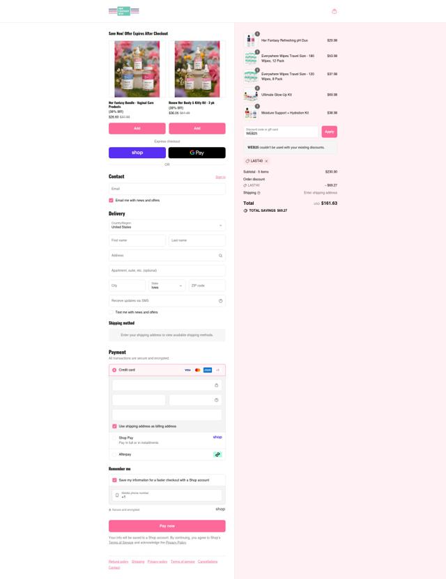 Her Fantasy Box checkout page showing Her Fantasy Box discount code box | Screenshot taken by SimplyCodes community member on Sep 10, 2025