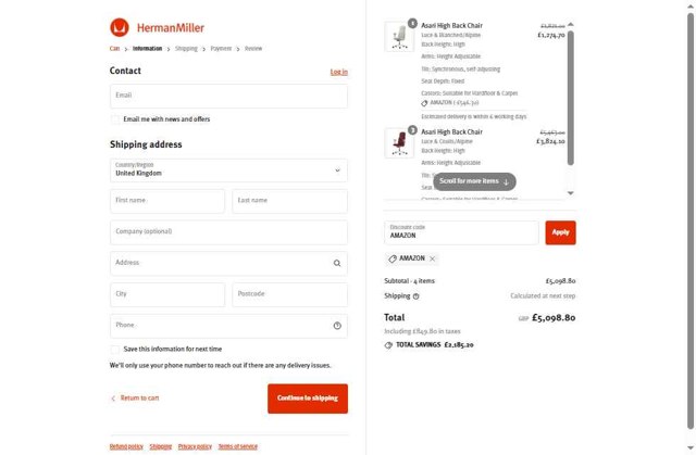 Herman Miller checkout page showing Herman Miller promo code box | Screenshot taken by SimplyCodes community member on Aug 23, 2025