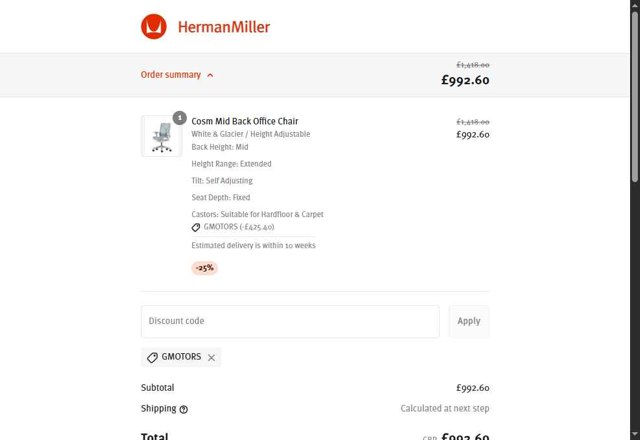 Herman Miller checkout page showing Herman Miller promo code box | Screenshot taken by SimplyCodes community member on Aug 29, 2025
