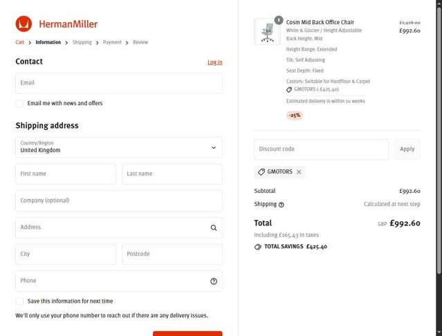 Herman Miller checkout page showing Herman Miller promo code box | Screenshot taken by SimplyCodes community member on Sep 1, 2025
