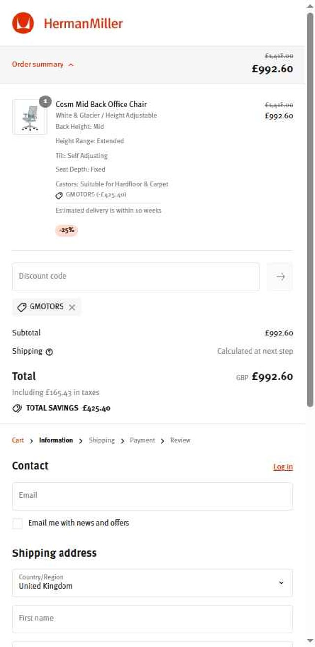 Herman Miller checkout page showing Herman Miller promo code box | Screenshot taken by SimplyCodes community member on Sep 5, 2025