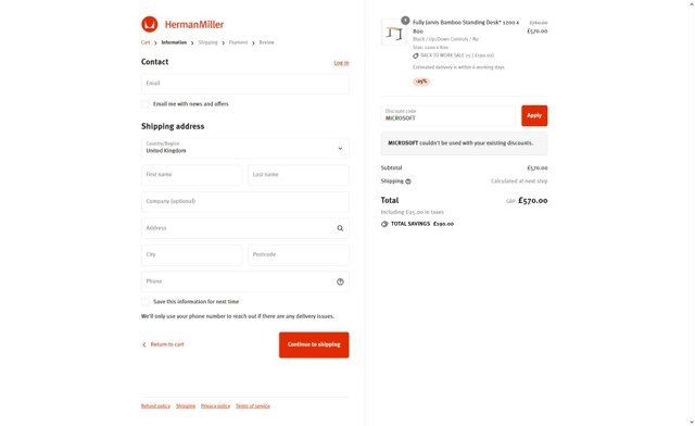 Herman Miller checkout page showing Herman Miller promo code box | Screenshot taken by SimplyCodes community member on Sep 4, 2025