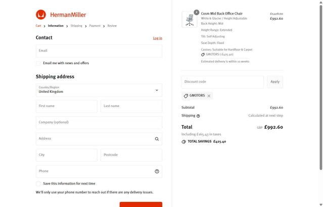 Herman Miller checkout page showing Herman Miller promo code box | Screenshot taken by SimplyCodes community member on Aug 24, 2025