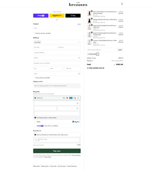 Hermoza checkout page showing Hermoza discount code box | Screenshot taken by SimplyCodes community member on Jan 26, 2025