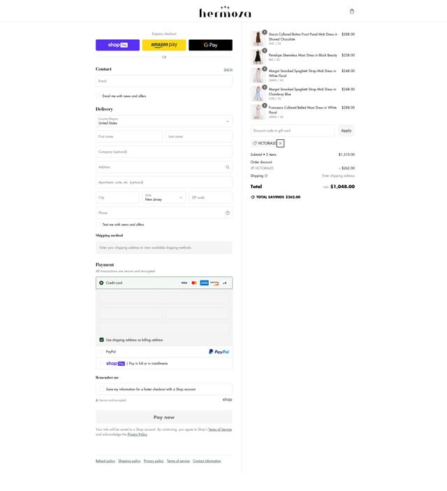Hermoza checkout page showing Hermoza discount code box | Screenshot taken by SimplyCodes community member on Jan 19, 2025