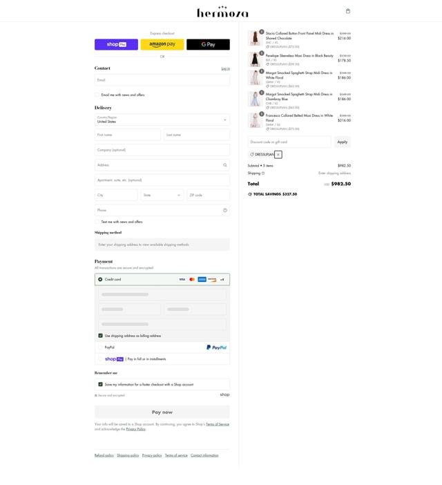 Hermoza checkout page showing Hermoza discount code box | Screenshot taken by SimplyCodes community member on Jan 25, 2025