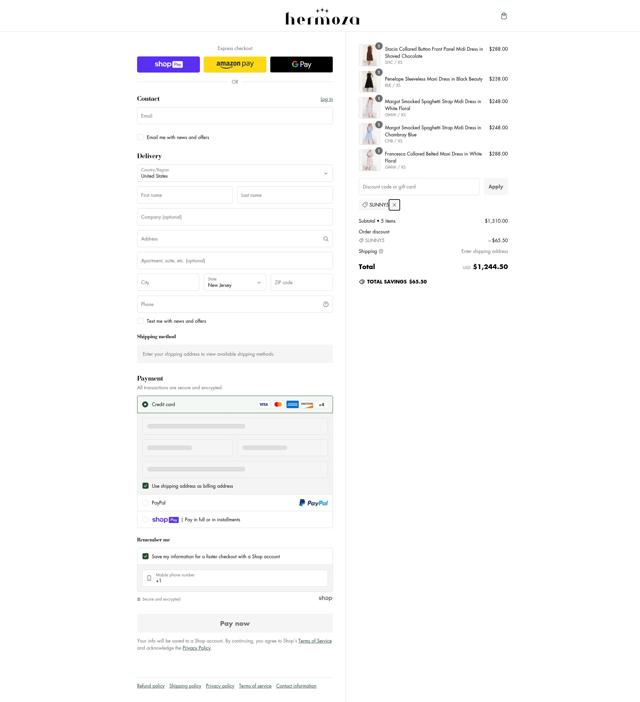 Hermoza checkout page showing Hermoza discount code box | Screenshot taken by SimplyCodes community member on Jan 19, 2025