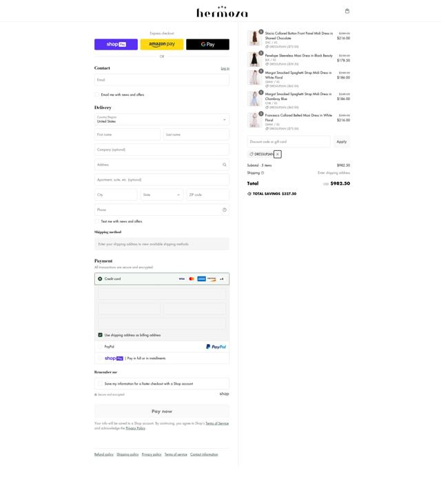 Hermoza checkout page showing Hermoza discount code box | Screenshot taken by SimplyCodes community member on Jan 29, 2025